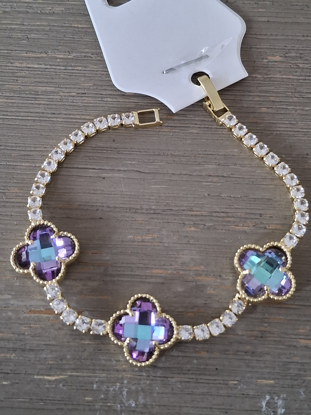 Gold Bracelet with Purple-Blue Crystal Clovers - Women Jewelry